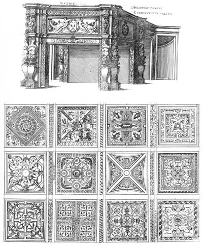 Gravure du premier volume des plus excellents bâtiments de France par Jacques I Androuet du Cerceau, dessins de cheminée et de sol pour le Château de Madrid - Jacques I Androuet du Cerceau